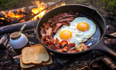 Foto auf Acrylglas Camping Camping breakfast with bacon and eggs in a cast iron skillet. Fried eggs with bacon in a pan in the forest. Food at the camp. Scrambled eggs with bacon on fire.  Picnic