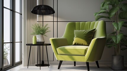 living room has green armchair decoration, generative ai