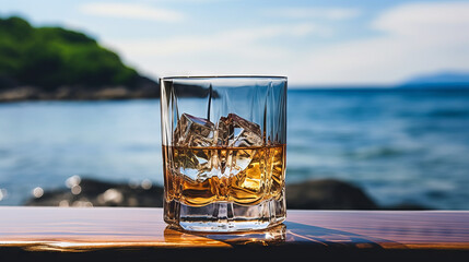 A glass of whiskey on a table, a tropical island in the background of the sea. Generative AI.