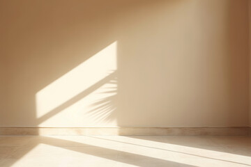 Minimalistic abstract gentle light beige background for product presentation with light andand intricate shadow from the window and vegetation on wall. Generative AI.