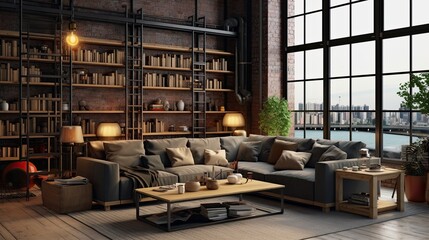 living room loft industrial style, generative ai