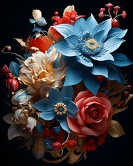 3d beautiful flowers in digital form, in the style of dark compositions, hyper-detailed illustrations  on black background created with Generative AI technology