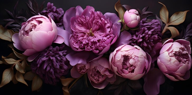 Peonies roses are dark purple, in the style of textural elements and collages, realistic chiaroscuro lighting created with Generative AI technology