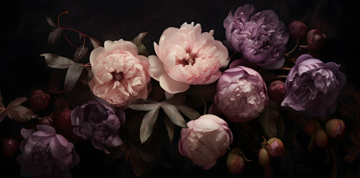 Peonies roses are dark purple, in the style of textural elements and collages, realistic chiaroscuro lighting created with Generative AI technology
