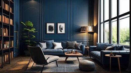 Fototapeta premium modern living room mock dark blue, generative ai