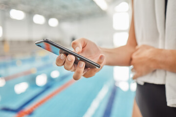 Phone, hands and athlete at swimming pool with social media, scrolling online or browsing internet...
