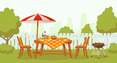 Summer outdoor backyard barbecue party with furniture, umbrella, food on grill