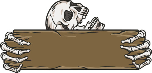 Skeleton with wooden plaque in hands, skull and bone fingers for october autumn scary halloween design and mystery halloween night