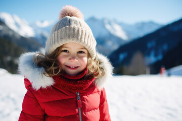 Fototapeta na wymiar On a sunny day, a cute smiling little girl in the Alps