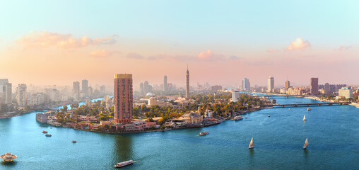 Nile River and Cairo skyline, high quality aerial panorama, Egypt - obrazy, fototapety, plakaty