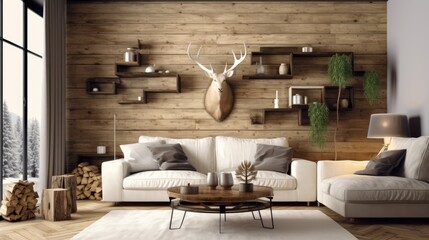 Fototapeta na wymiar scandinavian farmhouse living room interior wall, generative ai