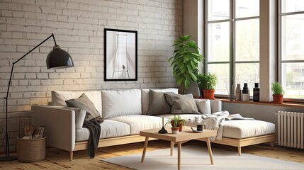 scandinavian living room interior sofa on, generative ai