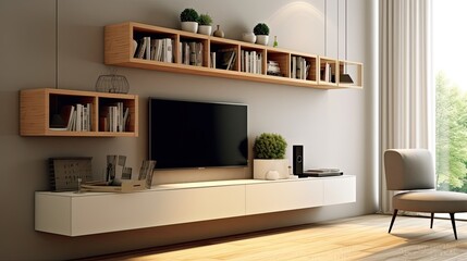 simple minimal cabinet tv interior wall, generative ai - obrazy, fototapety, plakaty