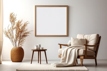 Blank wooden picture frame mock-up on wall in modern interior. Horizontal artwork template mock up for artwork, painting, photo or poster in interior design, Generative AI