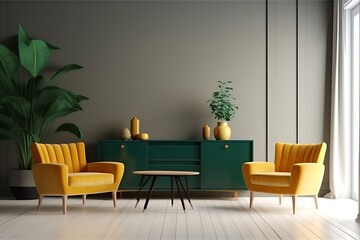 Mockup a TV wall mounted on green cabinet with yellow armchair in living room with a white wall, Generative AI - obrazy, fototapety, plakaty