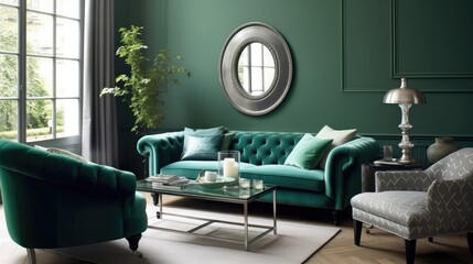 stylish emerald green grey living room, generative ai