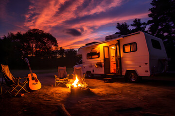 Cozy warm evening near travel trailer, campfire and guitar, family camping on caravan, rest at nature