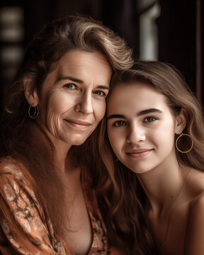retrato de una madre y una hija con cabellos largos y rubios. ilustracion de ia generativa
