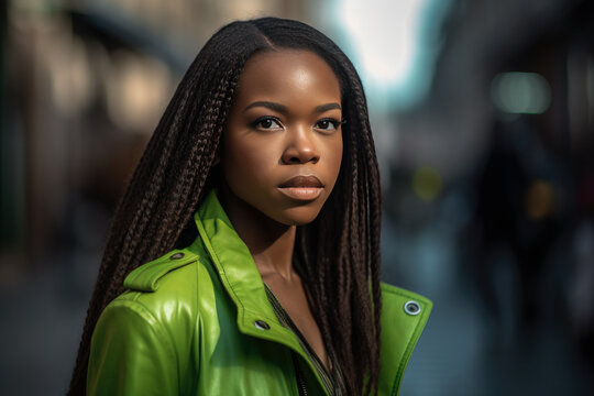 chica joven de color con pelo largo con trencitas y cazadora motera de cuero verde neon en la calle. ilustracion de ia generativa
