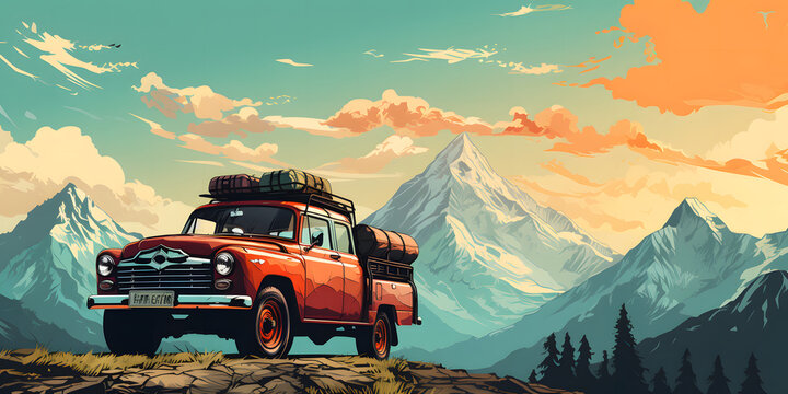 Old American pickup truck in the mountains, retro style 