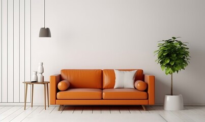 White wall interior living room have orange leather sofa and decoration minimal, Generative AI