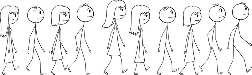 Group or Crowd of People Walking Together, vector cartoon stick figure or character illustration.