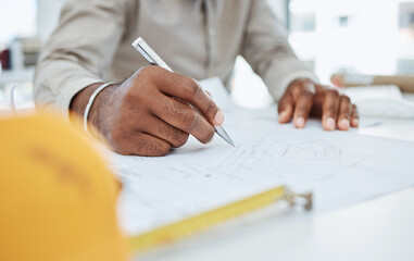 Hands, pen and architect drawing blueprint, project illustration and engineering process. Closeup, man and designer with documents, floor plan and paper to sketch construction of building renovation