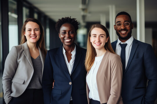 Smiling business consultants standing in office, multi ethnicity