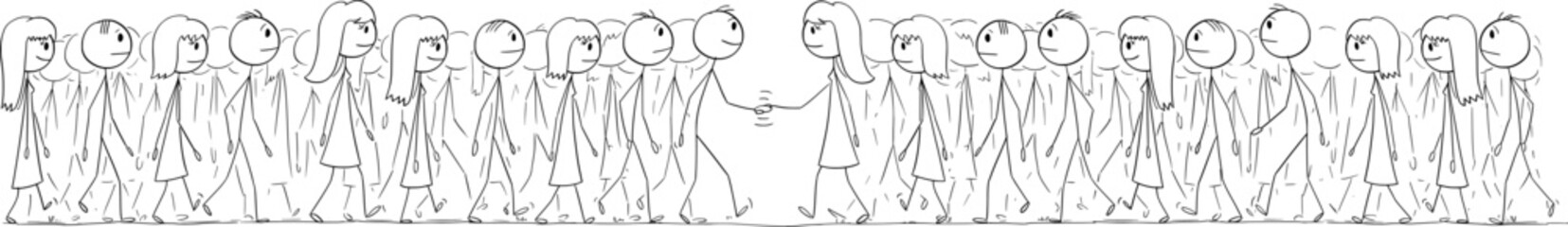 Two Teams or Groups of People Meet and Handshaking , Vector Cartoon Stick Figure Illustration