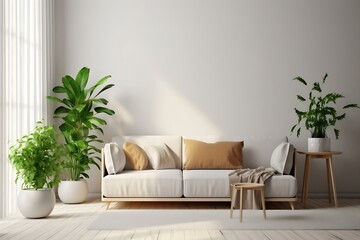Fototapeta na wymiar Bright and cozy modern living room interior have sofa and plant with white wall, Generative AI