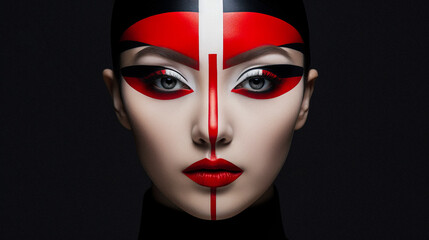 Portrait of an Asian girl with bright colored graphic fashion make-up. AI generation