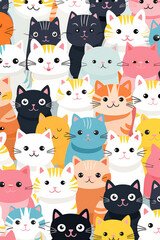 Pattern of many cute colorful cats. Vertical diary cover template a4. Lots of funny pretty cats, flat style illustration.