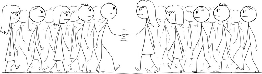 Two Teams or Groups of People Meet and Handshaking , Vector Cartoon Stick Figure Illustration
