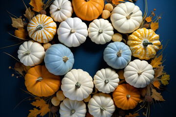 Fototapeta premium Autumn background with pile of mini pumpkins, overhead view. Pie pumpkin surrounded by mini pumpkins on dark blue background, top view. Halloween and autumn harvest