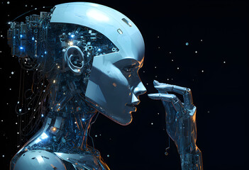 Futuristic image with a human woman's head, in the style of robotic motifs, luminous 3d objects created with Generative AI technology