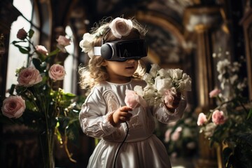 Princess girl wearing VR headset user, surreal world and virtual reality, colorful flowers fields. Generative AI