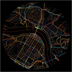 Colorful Map of Fredericton, New Brunswick with all major and minor roads.