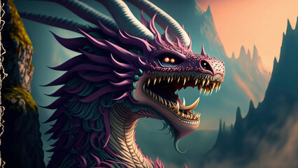Legendary mythical creature pink dragon on a background 