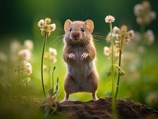 A cute red-haired little mouse stands on its hind legs among the flowers and looks forward. Generated by AI.