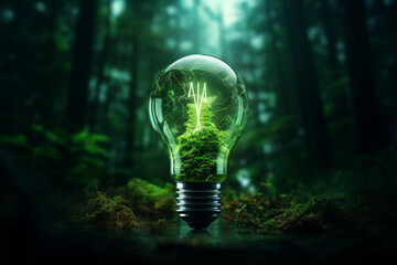 Glühbirne in grüner Farben mit dunklem Natur und Wald Hintergrund. Grüne Energie. Nachhaltige Energie. Generative Ai.