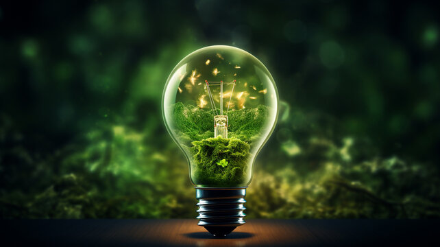 Gl&uuml;hbirne in gr&uuml;ner Farben mit dunklem Natur und Wald Hintergrund. Gr&uuml;ne Energie. Nachhaltige Energie. Generative Ai.