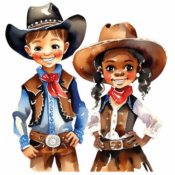 Boy and girl in cowboy clothes on a white background. watercolor. cartoon. Vector illustration