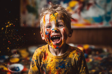 Candid child with a silly and excited expression, happily painting with face paint.