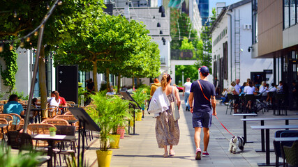 Portrait of a young couple walking their dog on a city street.