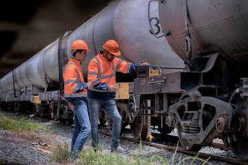 Two service worker with freight train oil transport on background.