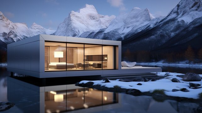 Modern cube house with snow-capped mountains in the background made with Ai generative technology, Property is fictional