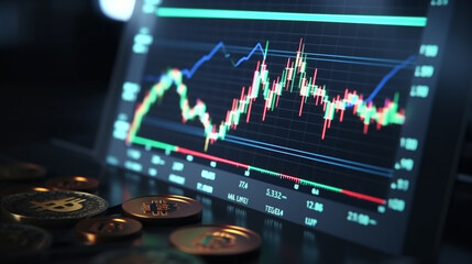 Bitcoin and cryptocurrency concept on digital graphic background. Generative Ai