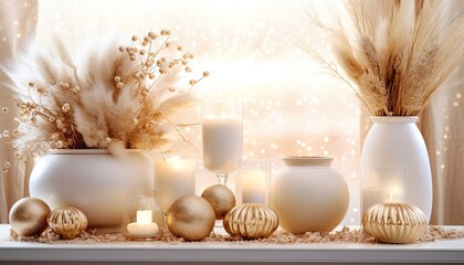Fototapeta na wymiar Gold christmas balls, white baubles with dry grass, festive table decoration of Xmas celebration, golden loving setting. Smooth light, some bokeh. Luxury romantic card for seasonal greetings.