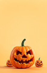 Halloween poster background with copy space. Group of three Jack O lantern pumpkins on orange background. AI Generative