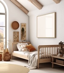 Mock-up frame within a children's room adorned with natural wooden furniture, 3D render. Made with Generative AI technology